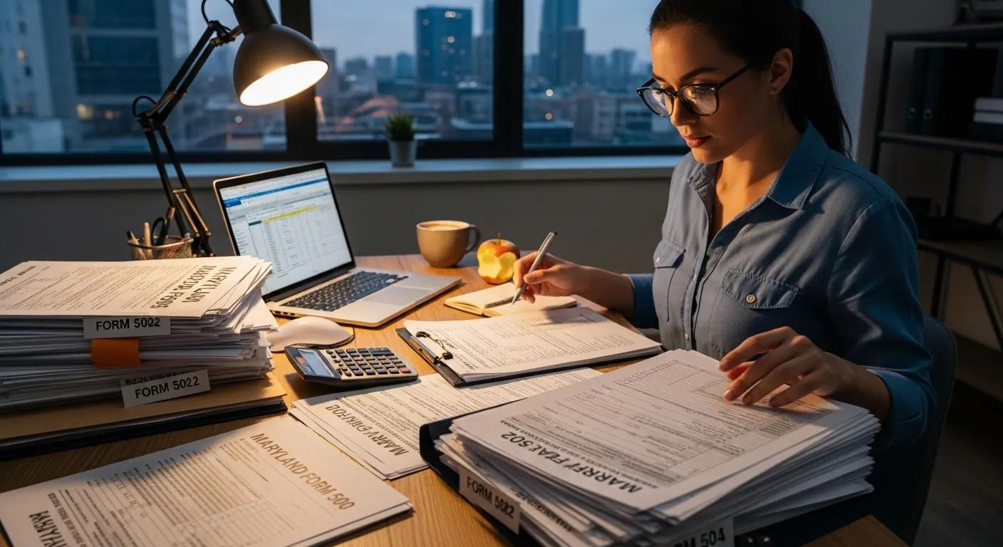 Business owner organizing Maryland tax forms and documents at a desk