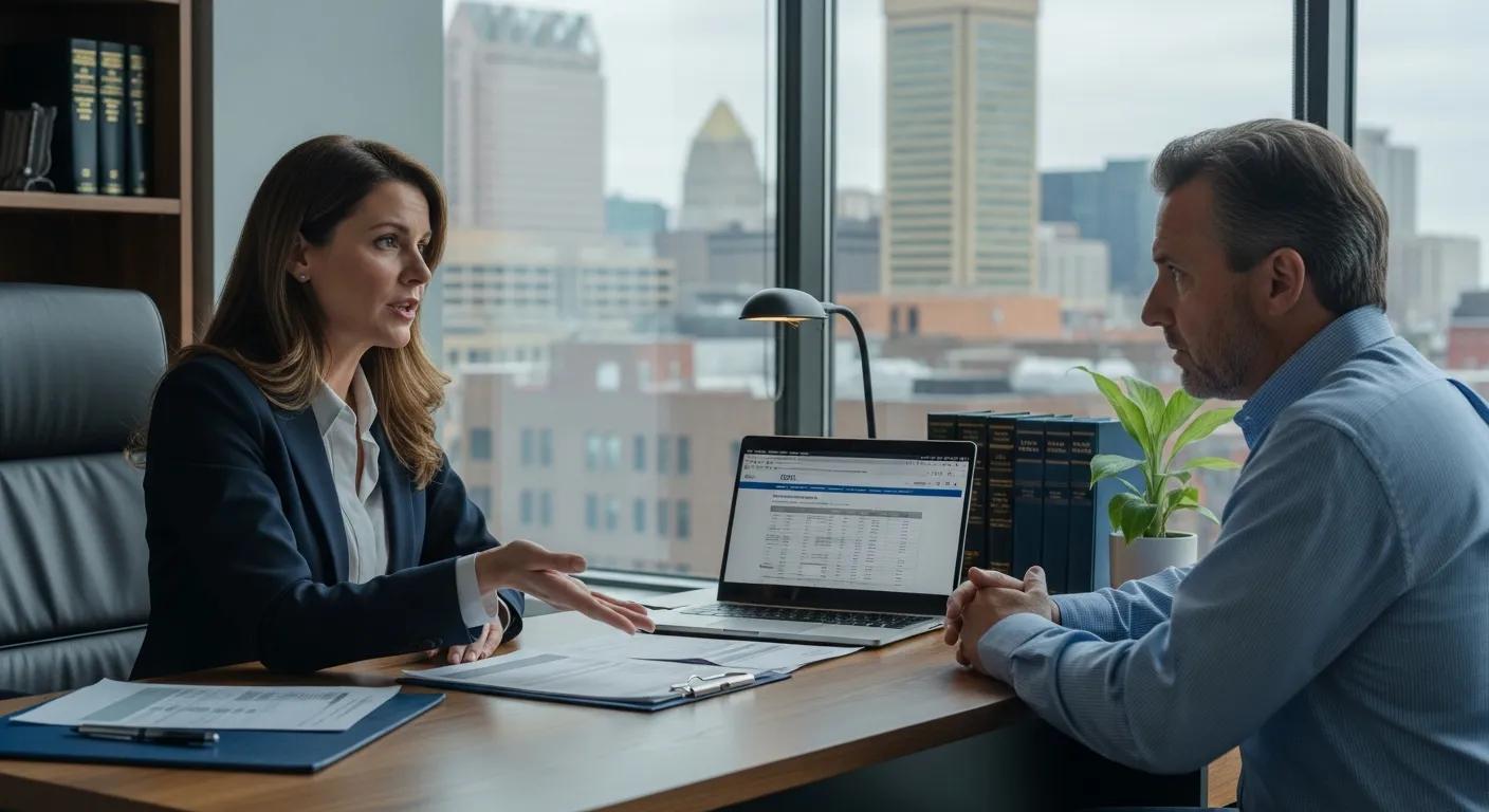 Tax attorney advising a Baltimore business owner about IRS debt options