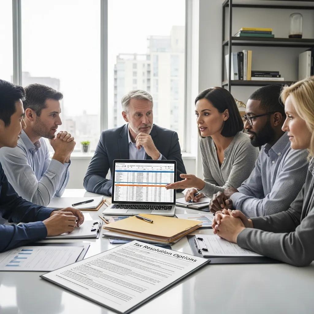 Group discussion on IRS tax debt resolution options in a modern office setting