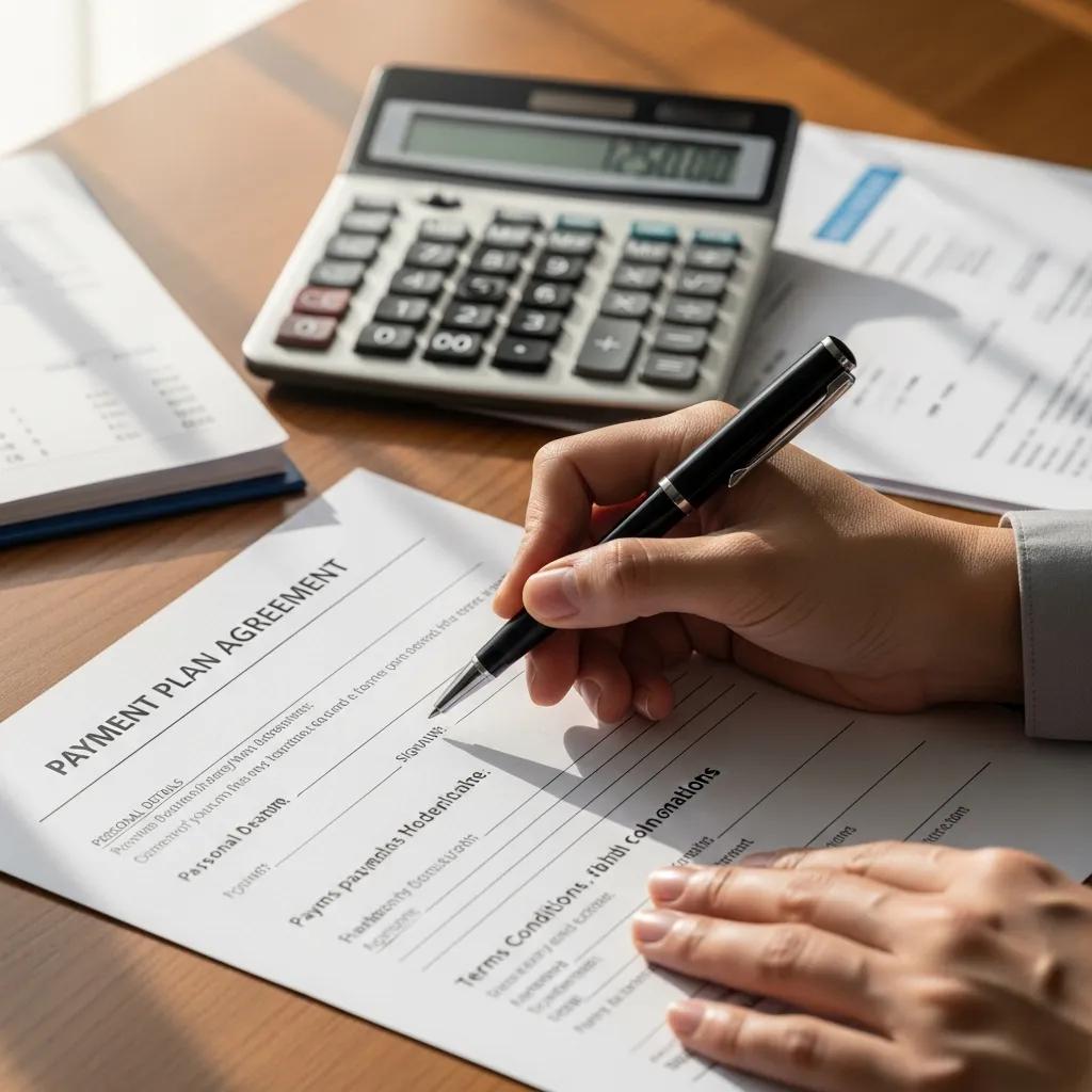 Close-up of hands filling out a payment plan form—planning to resolve tax debt