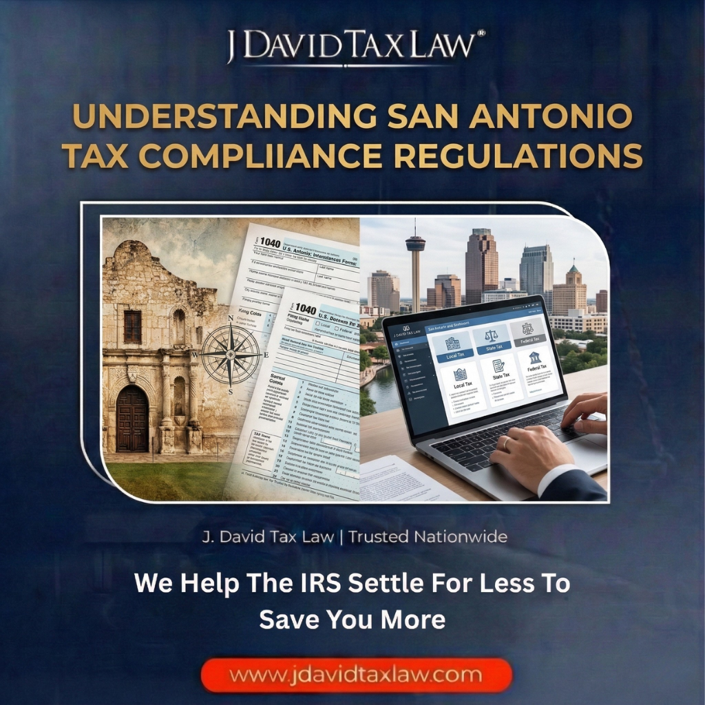 San Antonio tax compliance with forms and skyline view.