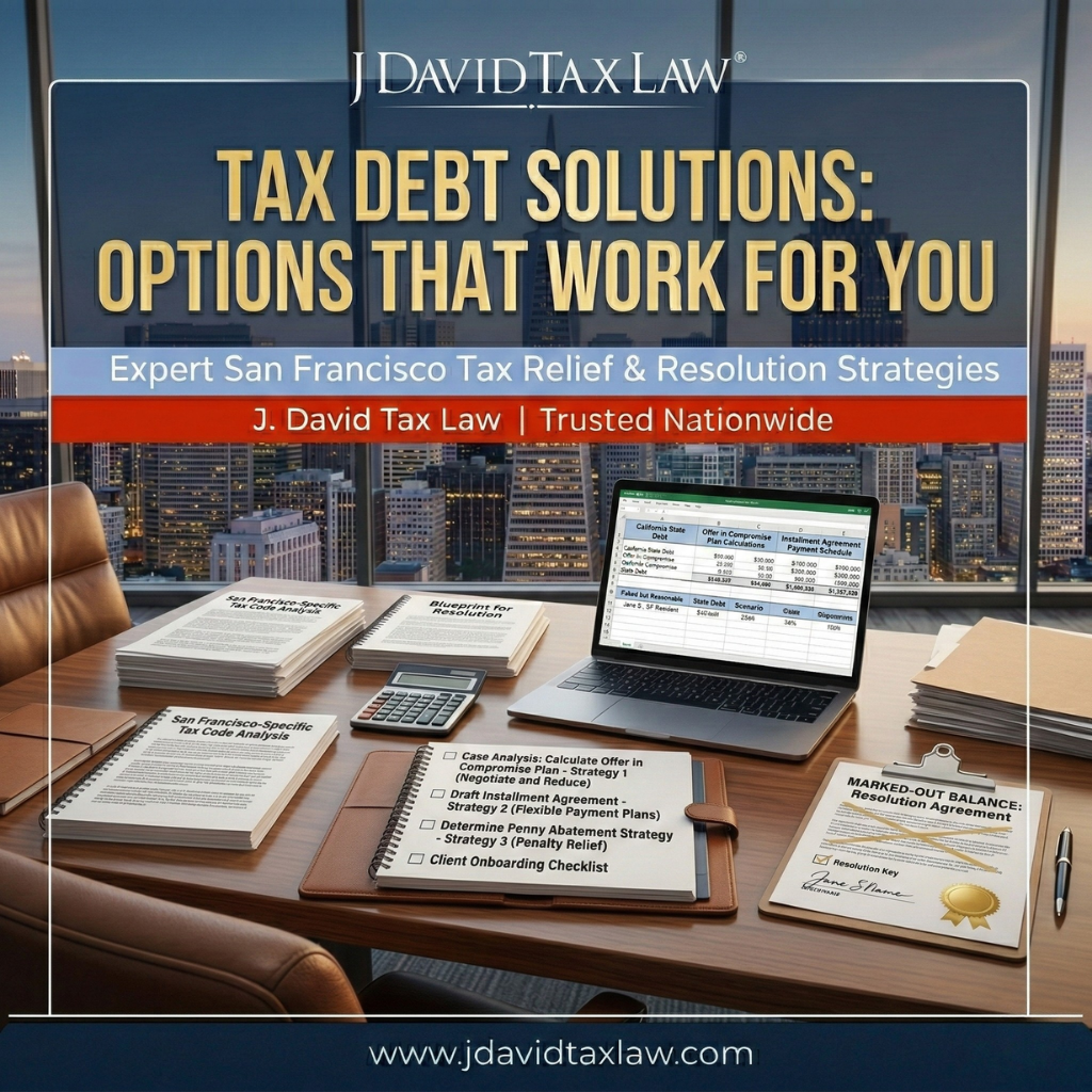 Tax debt solutions overview with strategy documents and laptop.